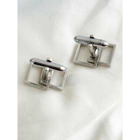 Swank modernist cube cufflinks silver tone with grey stone center - Picture 6 of 7
